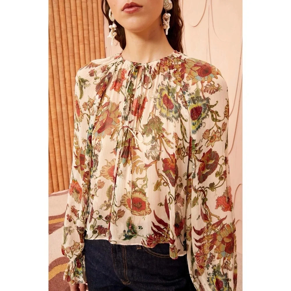 NWT Ulla Johnson Silk Long-Sleeve Floral Bernadette Blouse